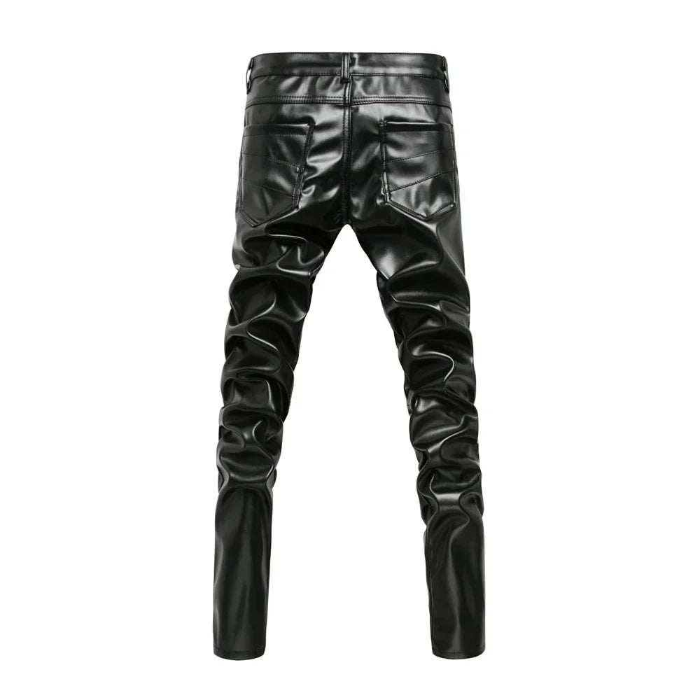 New Winter Men Skinny Biker Pu Leather Pants High Street Fashion Motorcycle Trousers for Male Stage Club Wear - Akhi Co.