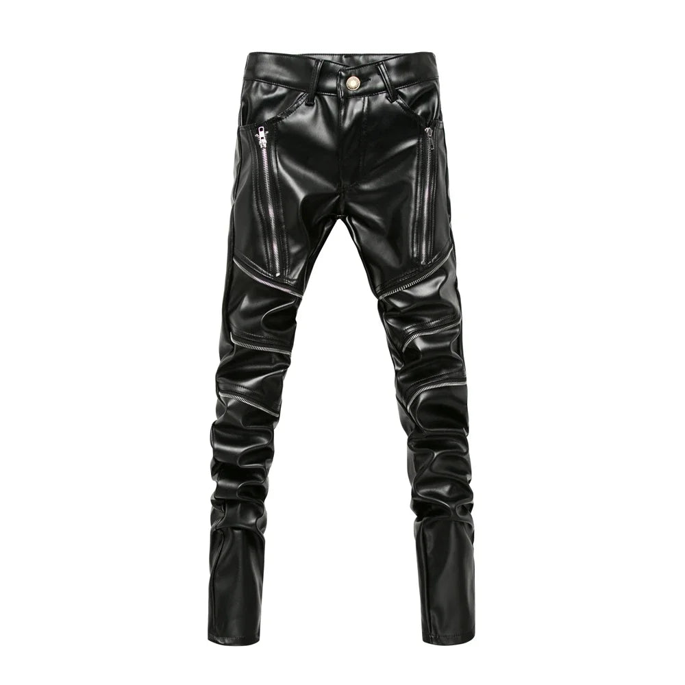 New Winter Men Skinny Biker Pu Leather Pants High Street Fashion Motorcycle Trousers for Male Stage Club Wear - Akhi Co.