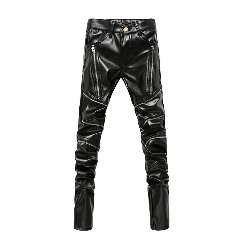 New Winter Men Skinny Biker Pu Leather Pants High Street Fashion Motorcycle Trousers for Male Stage Club Wear - Akhi Co.