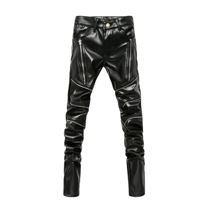New Winter Men Skinny Biker Pu Leather Pants High Street Fashion Motorcycle Trousers for Male Stage Club Wear - Akhi Co.