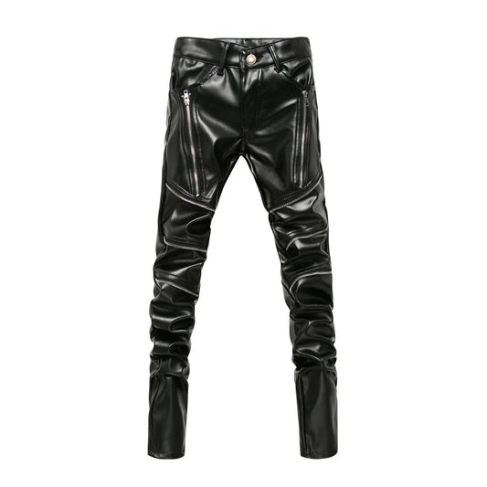 New Winter Men Skinny Biker Pu Leather Pants High Street Fashion Motorcycle Trousers for Male Stage Club Wear - Akhi Co.