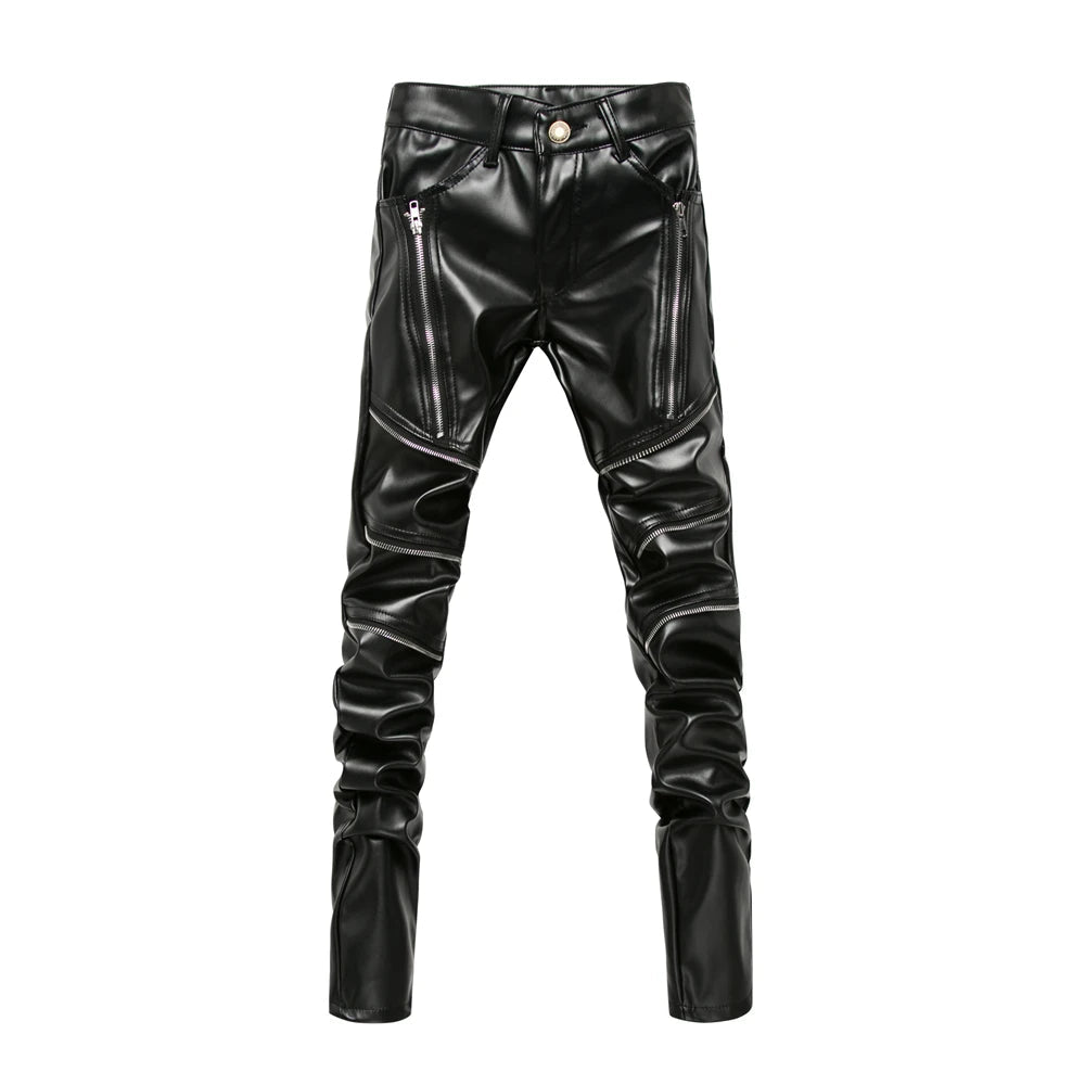New Winter Men Skinny Biker Pu Leather Pants High Street Fashion Motorcycle Trousers for Male Stage Club Wear - Akhi Co.