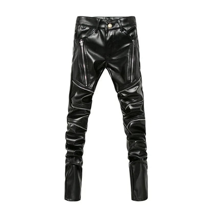 New Winter Men Skinny Biker Pu Leather Pants High Street Fashion Motorcycle Trousers for Male Stage Club Wear - Akhi Co.