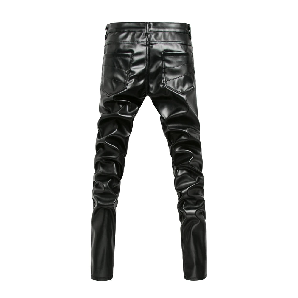 New Winter Men Skinny Biker Pu Leather Pants High Street Fashion Motorcycle Trousers for Male Stage Club Wear - Akhi Co.