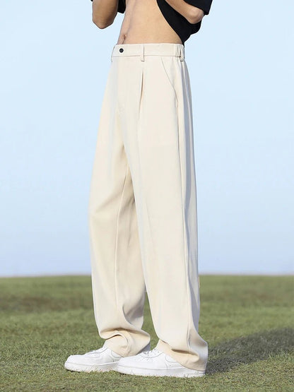 Summer Korean Men's Pants Light&Thin Polyester Elastic Waist Semi - Wide Loose Slacks Drape Suit Pants Male Casual Trousers - Akhi Co.